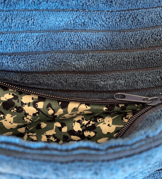 Sac à main femme avec zip en velours bleu canard doublé